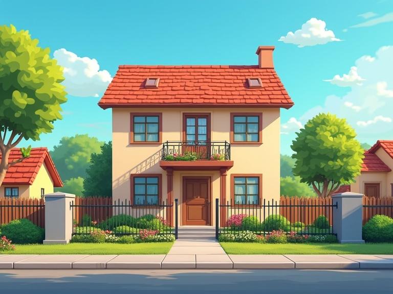 A two-story cartoon house in a peaceful neighborhood. The house has a colorful facade, windows, a second-floor balcony, and a tiled roof. There are bushes and a small garden in front. The property is enclosed by a fence, with a driveway on one side. The scene is bright, animated, and shows a clear blue sky with some clouds. No people present.