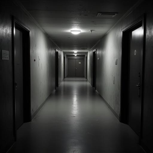 Scene with a creepy hospital corridor at night. Dark atmosphere with surveillance camera effects. Black and white image showing clean but unsettling hallway. Dim lights. Dust and slight interference visible. Two doors on the right. One double door on the left. A double door at the end. Camera angle from the corner above.