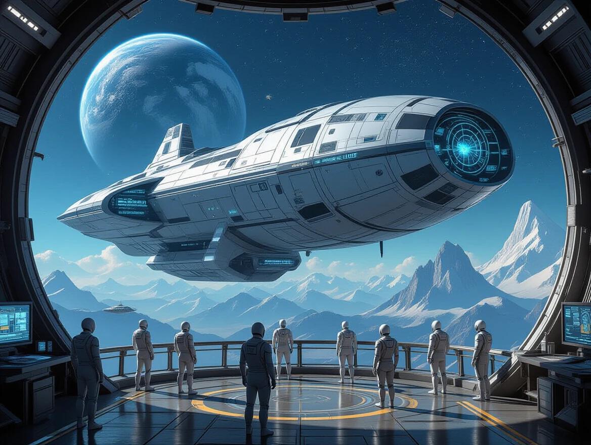 A futuristic spaceship hovers above a breathtaking scenic landscape. Admiring astronauts on a space station overlook the view. The ship features sleek design with advanced technology elements. The landscape includes mountains and a large planet in the sky. Humans and cyborgs work together inside the observation area, symbolizing collaboration and innovation in space exploration.