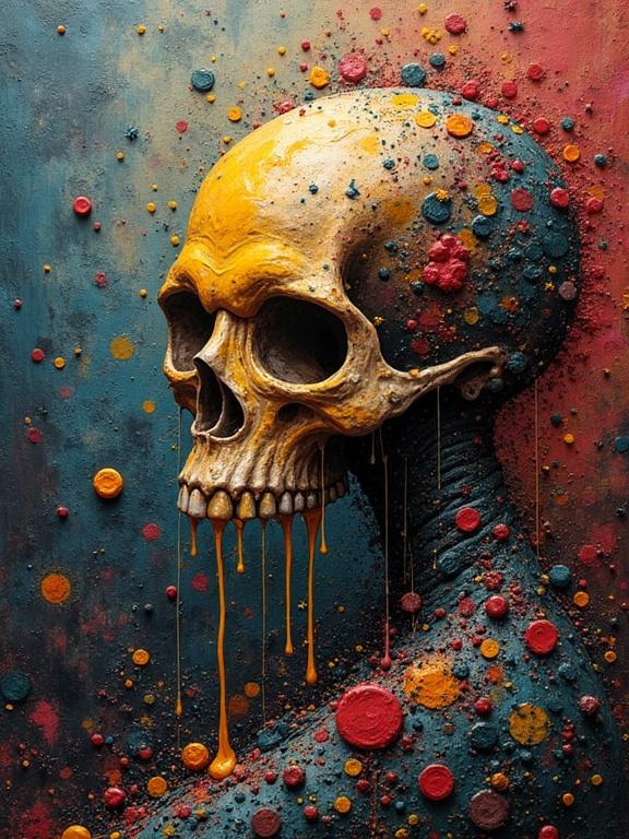 A colorful and textured skull artwork with splashes of paint. The skull appears dramatic with a side profile view. The background has a blend of vibrant colors and textures creating an impasto effect.