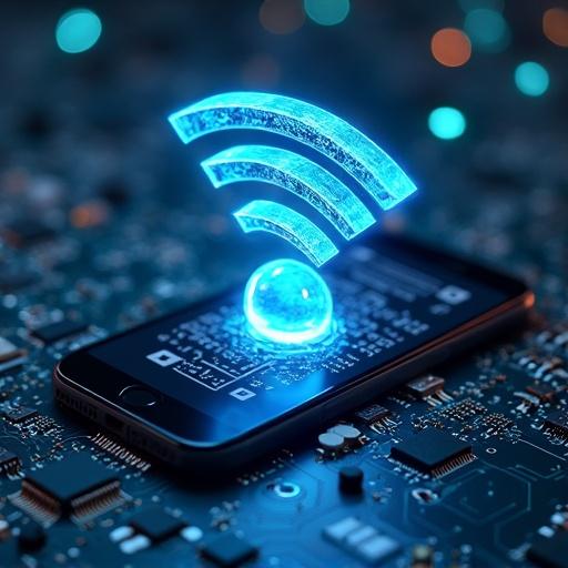 Smartphone placed on a circuit board Displays holographic Wi-Fi signal above it Surroundings include electronic components and connections