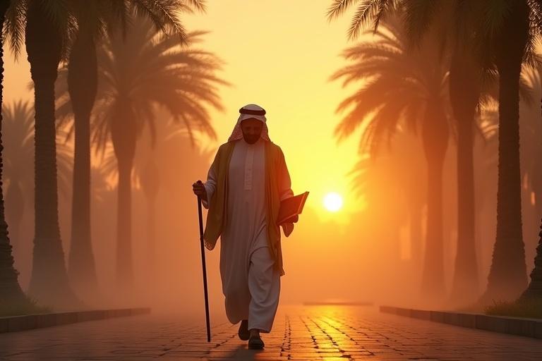 Scene of early morning in Madinah with a golden sunrise behind palm trees. A man exits his home with a Qur'an and walking stick, symbolizing service and justice. The image conveys a spiritual and historical essence.