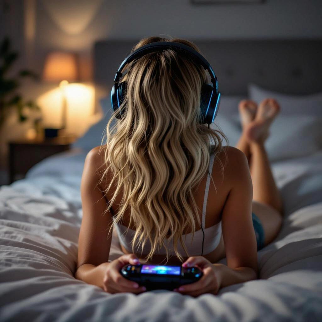 Girl with dirty-blonde hair lying on her stomach in bed wearing headphones and shorts playing handheld console. Dark lighting creates a cozy atmosphere.