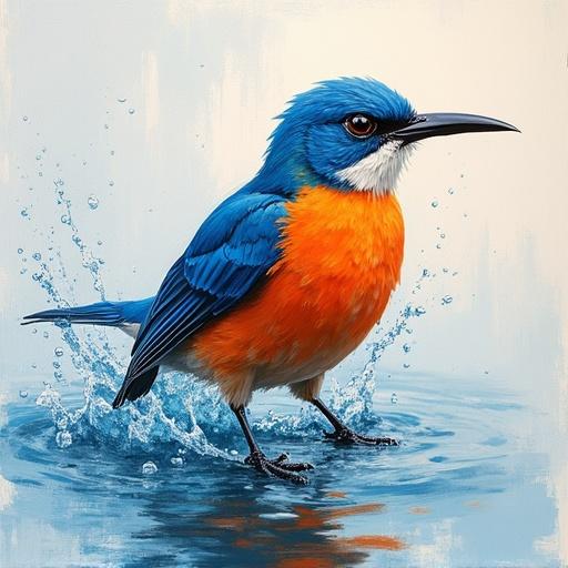 Water oil painting of a colorful bird with rough strokes and splash effects