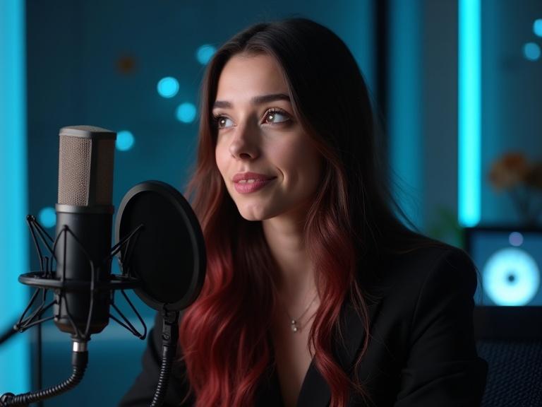 Close-up shot of confident young woman with long dark brown hair and red highlights seated in studio. She gazes to the side during podcast recording. Studio background glows in electric blue and silver colors with deep gray tones. Professional microphone with pop filter visible. Soft lighting and futuristic wall panels create inviting atmosphere that reflects innovation and digital intelligence.