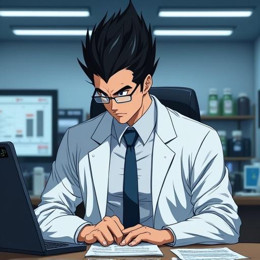 Anime character in a futuristic laboratory. The scientist works at a desk with a laptop. Wearing a dress shirt, lab coat, and tie. Inside a luxurious Kamakiri Industries building. Spiky black hair and reading glasses. Muscular build and busy expression. Morning in spring.