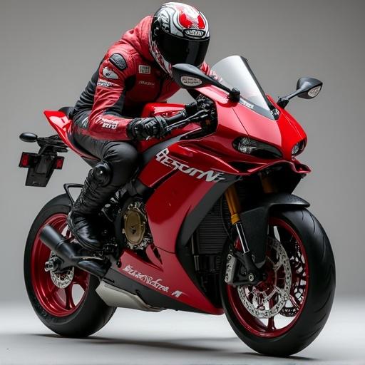 Motorcycle rider in full gear on a red sportbike in a studio setting. The bike is detailed and has a modern design.