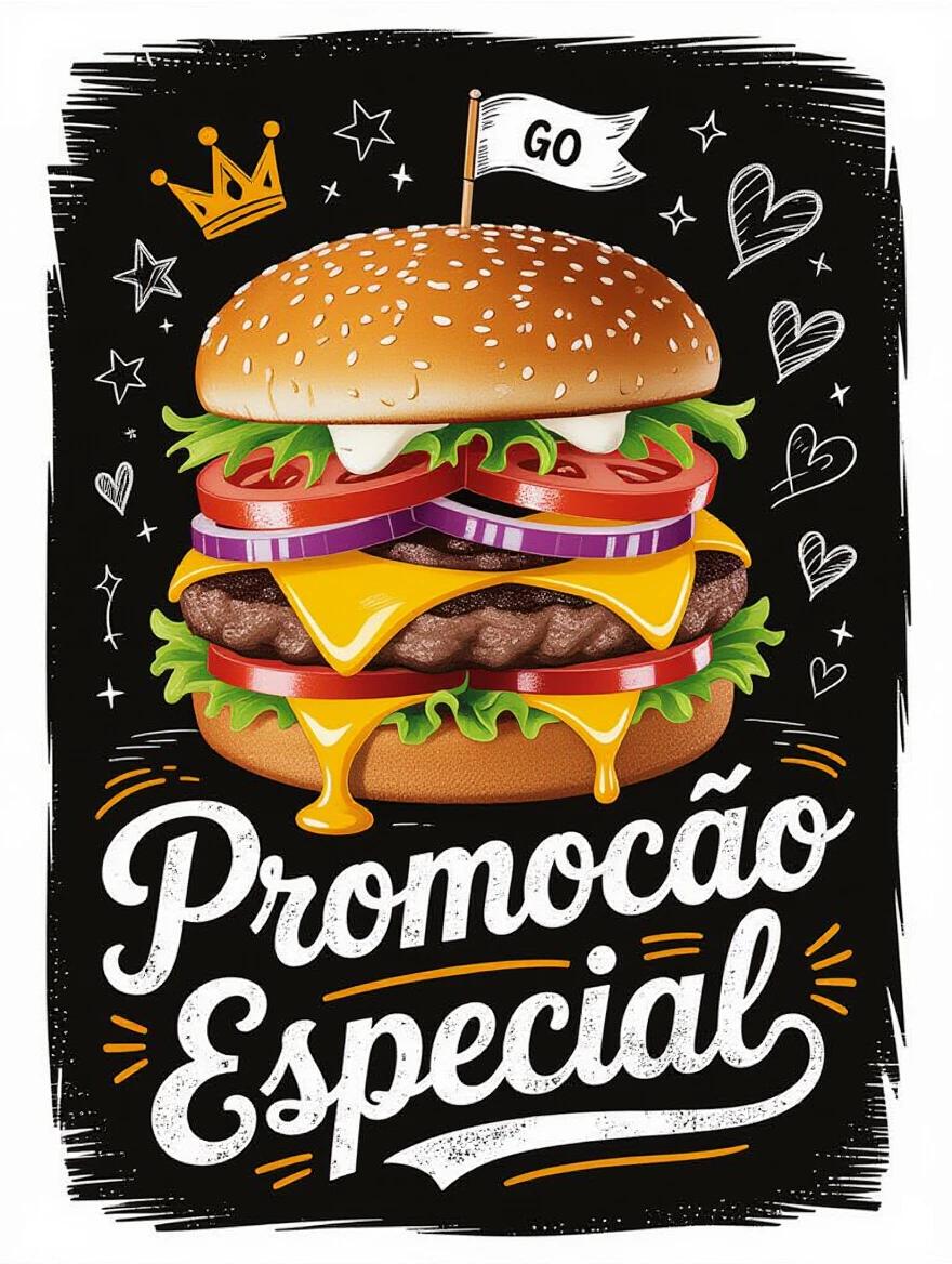 Artistic poster illustration of a big juicy burger on a black background. Burger shows layers of lettuce tomatoes onions cheddar cheese beef patty and sesame seed bun with sauces dripping. White doodles like stars hearts crown and small flag that says GO. Below it in white handwritten script says Promoção Especial. Smaller text below says Venha experimentar esse sabor goiano.