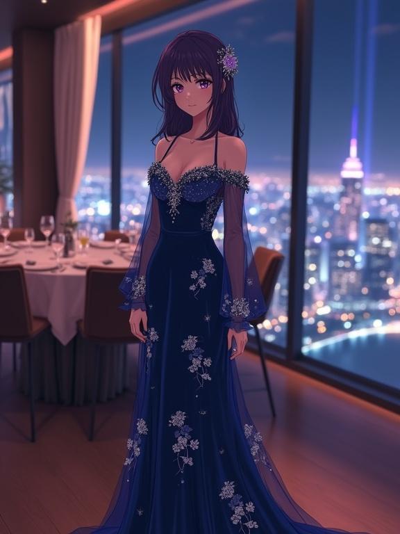 Breathtaking anime woman with dark violet hair and captivating eyes stands in luxurious sky lounge. She wears an elegant dark blue gown with sheer sleeves and floral patterns. Her posture is relaxed, with a gentle smile. The atmosphere is sophisticated, with a dazzling city view at night and soft lighting. Full body shot, professional style.