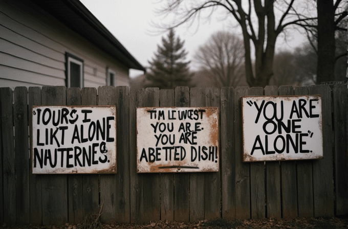 Three unconventional signs with cryptic messages are displayed on a wooden fence in an outdoor setting.