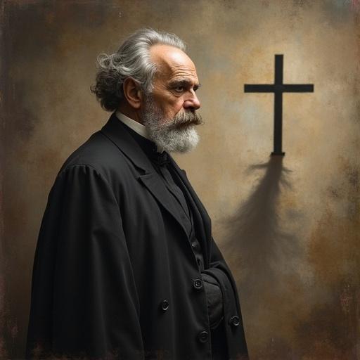Portrait of a man in profile. He has a beard and wears dark clothing. Behind him, a church cross casts a shadow. The background is an artistically textured beige.