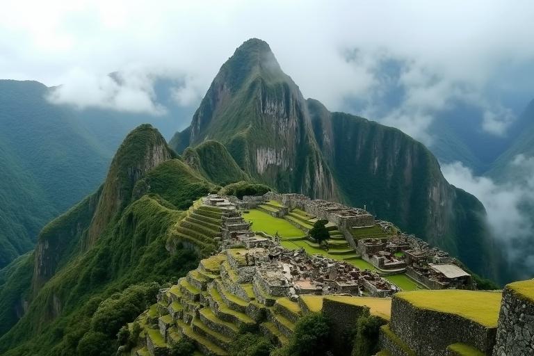 Landscape shot of ancient stone city atop misty mountain. Moos-covered ruins with stepped terraces and engraved temples. Surrounded by lush jungle. Mystical and sacred atmosphere evokes lost civilization of the Incas.