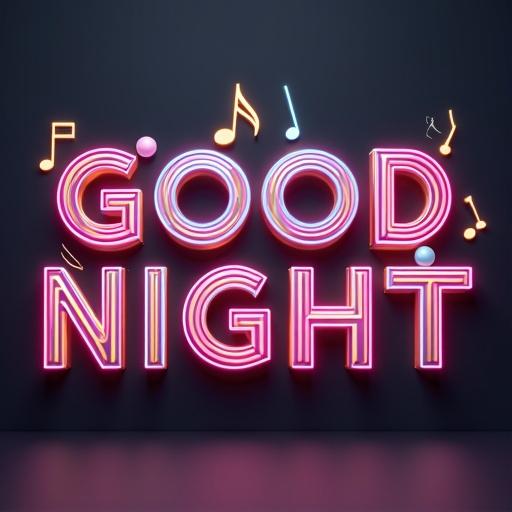 3D render of GOOD NIGHT in neon metallic lettering. Decorated with musical notes. Rich colors pop against dark background. Exudes energetic vibe. Modern aesthetic appeal.
