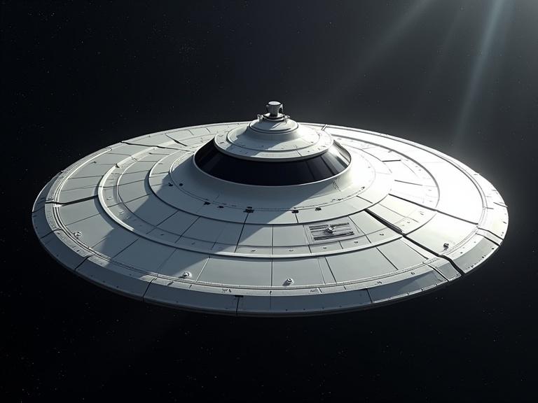A vast circular UFO base floating in the depths of space. It has a sleek white design and futuristic appearance. The image showcases shadows and high levels of detail reflecting a realistic style. The background is dark, emphasizing the ship in 4K quality.