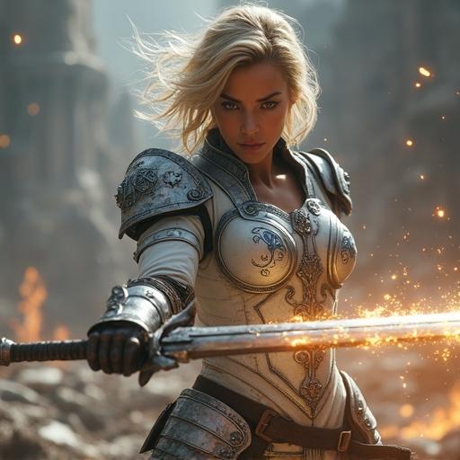 Ultra-realistic depiction of a beautiful female warrior in intense battle. Short wavy blonde hair, glowing golden eyes, and fierce expression. Sleek silver-white armor with blue runes. Wielding a glowing sword mid-swing. Dynamic stance surrounded by magical sparks and motion blur. Ruined fantasy battlefield in background.