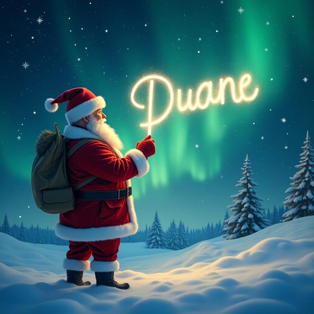 Santa Claus writing Duane in the night sky. Snowy landscape with northern lights. Man in festive costume.