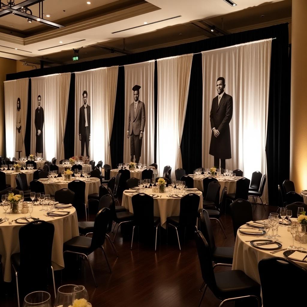 This image depicts a large cocktail reception setup with elegantly arranged tables and black chairs. The room features striking black and white wall drapes adorned with black and white photographs of African American graduates. Soft lighting highlights the artwork and creates an inviting atmosphere. Flowers are placed on each table, adding a touch of color to the elegant setting. The overall mood conveys celebration and refinement, suitable for a formal occasion.