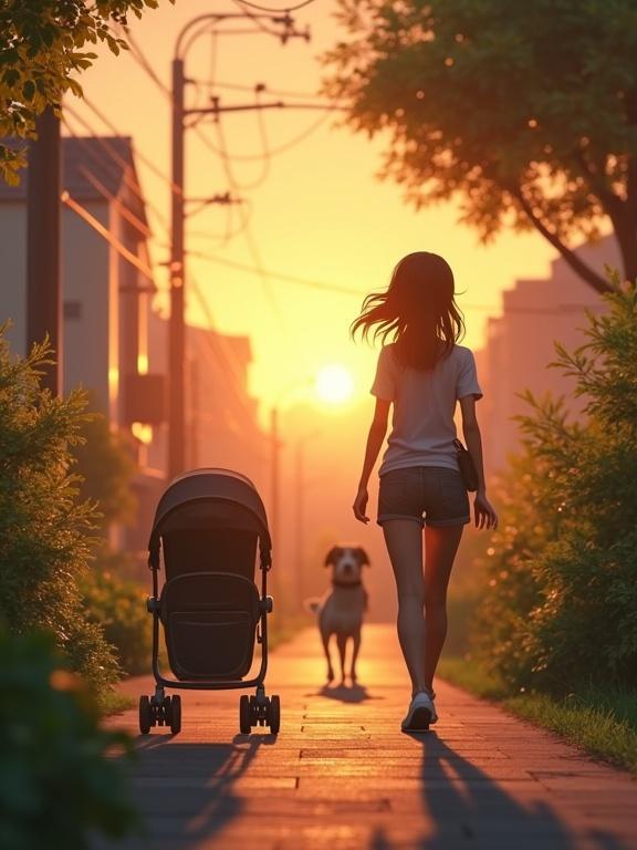 Peaceful Tokyo neighborhood during sunset. A mother wearing casual clothes pushes a baby stroller. A large dog appears barking from behind a bush. Mother looks startled. Dog is not chasing, but she begins to run. Soft lighting, warm tones in a 3D anime style.