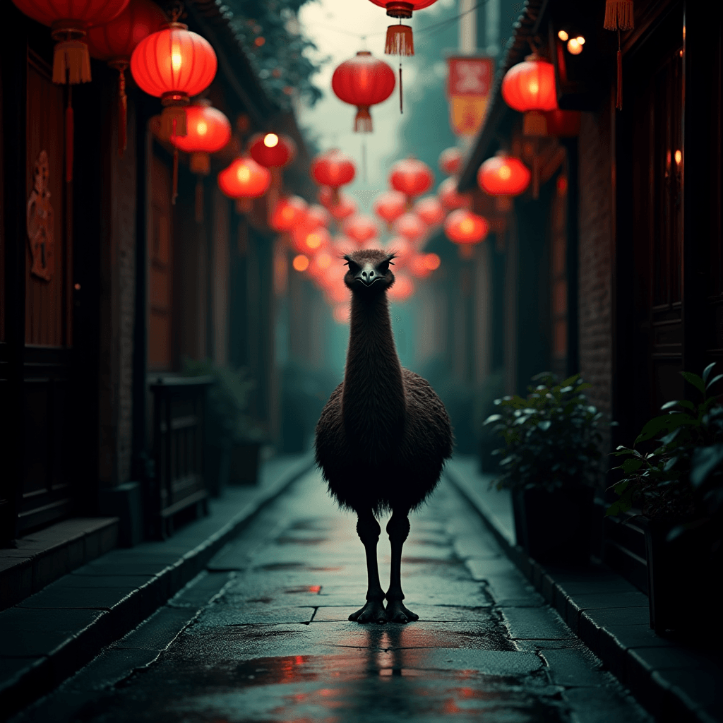 An emu stands in a narrow alley decorated with glowing red lanterns at dusk.