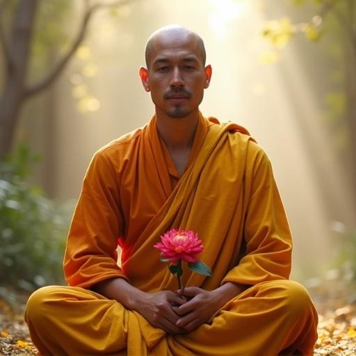 Half monk and half modern man meditating. Right side shows bald monk in saffron robe. Left side presents young man with trendy haircut and colorful shirt. Both hold flower. Soft light creates an ethereal background. Represents symbolism of spiritual and worldly life.
