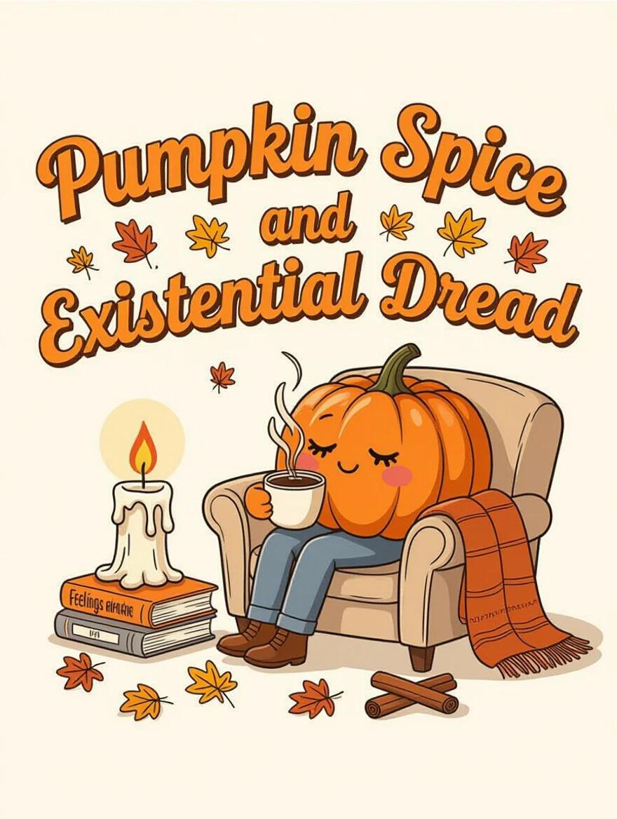 Cozy autumn design featuring a sleepy pumpkin on a therapist's couch. Pumpkin holds steaming coffee cup. Text reads 'Pumpkin Spice and Existential Dread' in retro script font. Includes burning candle, book titled 'Feelings Are Hard', cinnamon stick, rolled blanket, and fall leaves. Soft shadows in warm pastel colors. No border or outline.