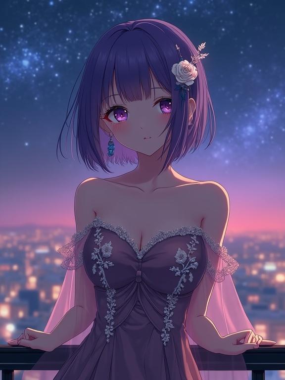 A beautiful anime lady stands in a luxurious off-shoulder evening gown. She faces the viewer with violet hair and eyes. The gown features intricate embroidery and sheer fabric. A starry sky and city lights are in the background. The mood is calm and elegant.