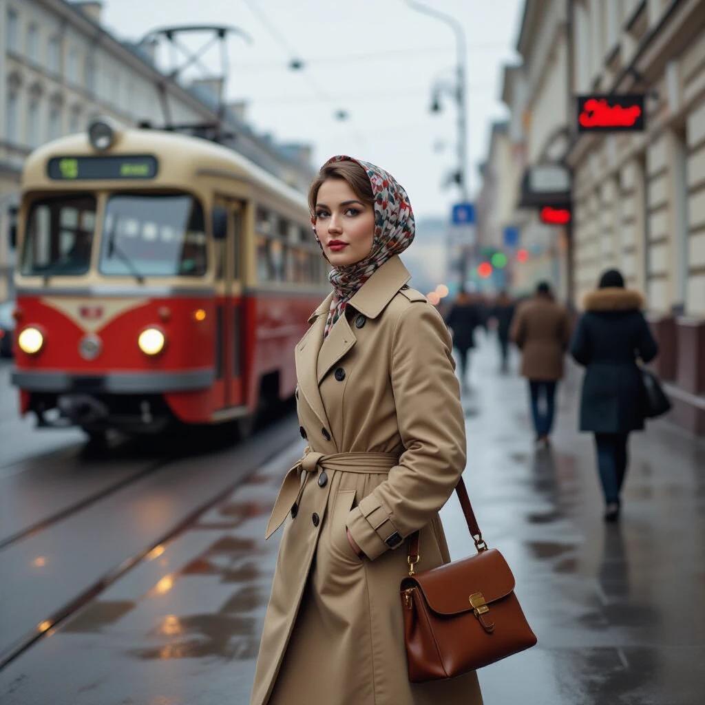 Photograph of a woman walking on a wet sidewalk. She wears a knee-length beige trench coat and a headscarf. A leather handbag hangs from her shoulder. In the background, a vintage tram moves by. The scene captures a moody urban atmosphere.