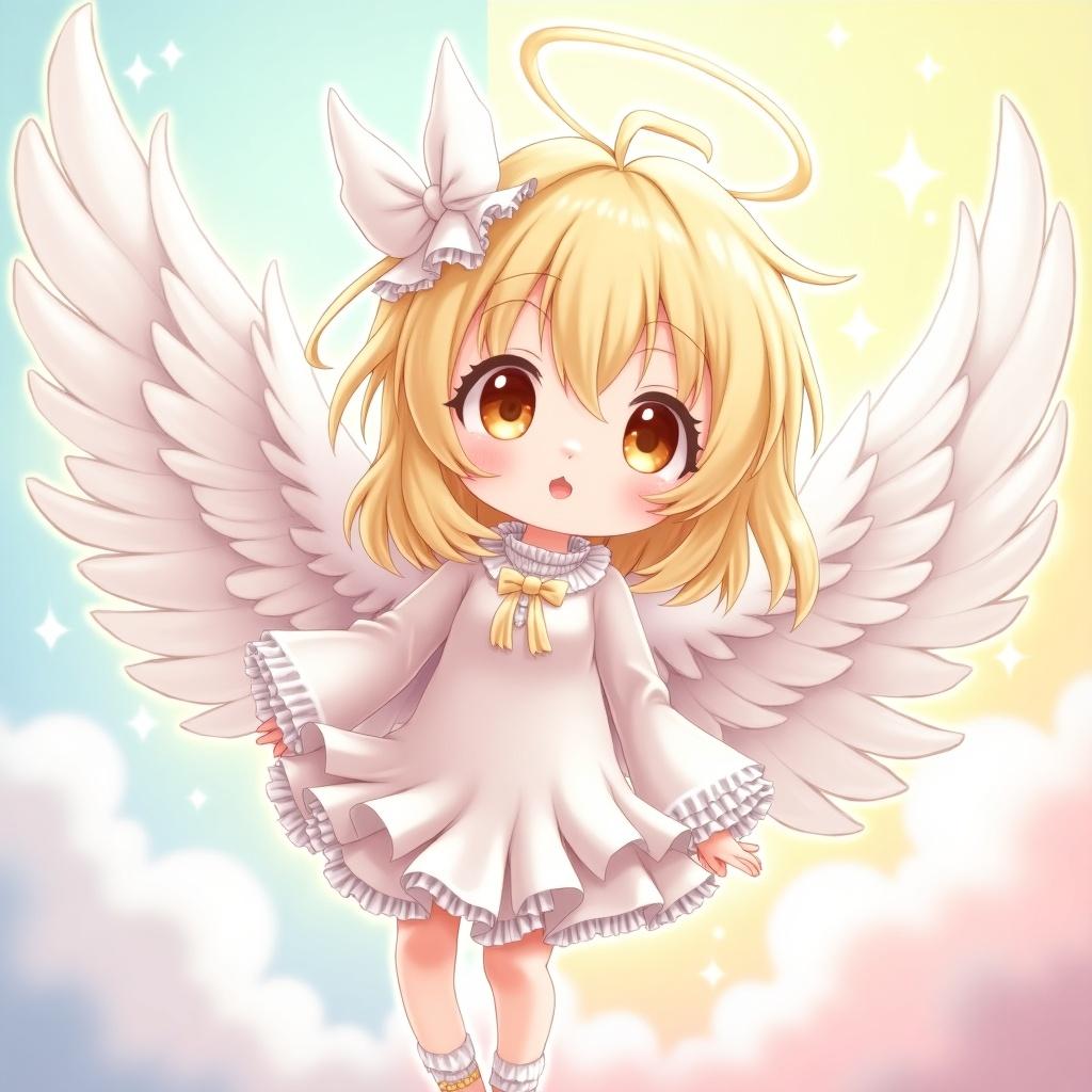 A cute anime angel character with blonde hair and ruffled wings. Background features a pastel sky with a soft glow and shiny elements.