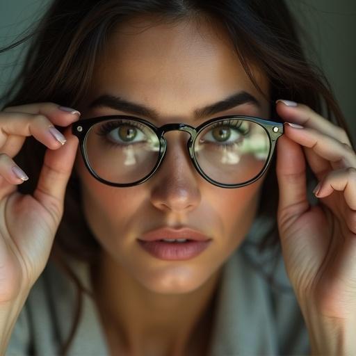 A beautiful woman removes her glasses with grace. She has intense, sharp, and deeply expressive eyes. Realistic lighting creates a dramatic mood. The focus is on her skin and facial texture. Hair appears slightly wind-blown and she wears a neutral-toned outfit. The background is softly blurred, enhancing the cinematic effect. This is ultra-realistic photography.