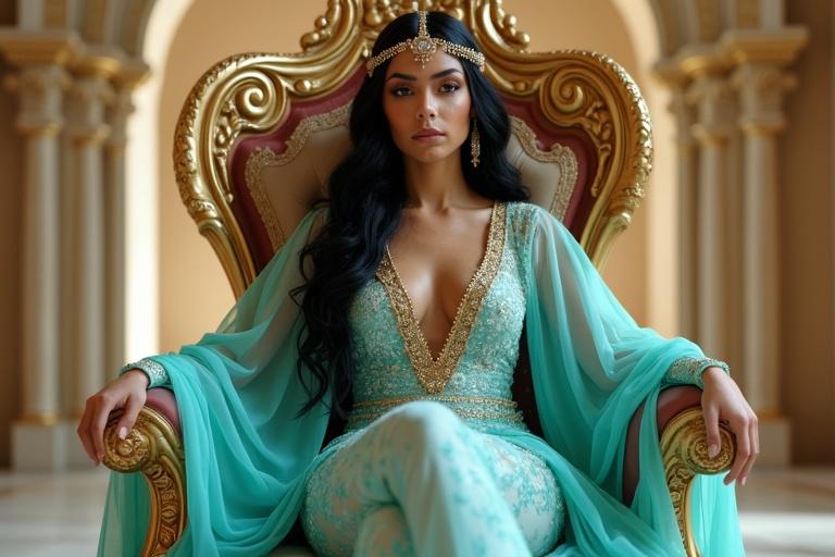 A tall white skin woman in a turquoise Arabian princess outfit with gold embroidery. She has shiny black hair and sits elegantly on a throne. The outfit features a deep V-neck with gold trim. Her expression is calm and powerful.