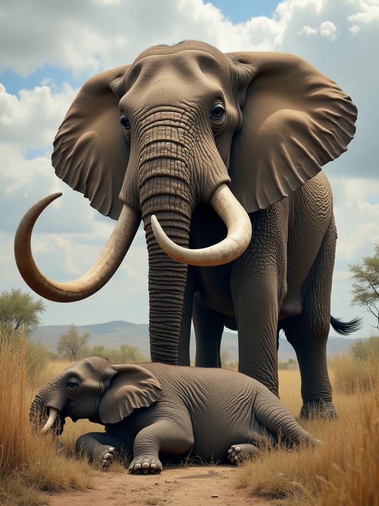 A mother elephant standing protectively over her calf in the grasslands. The scene shows a close-up of their bodies and the surrounding tall grass.