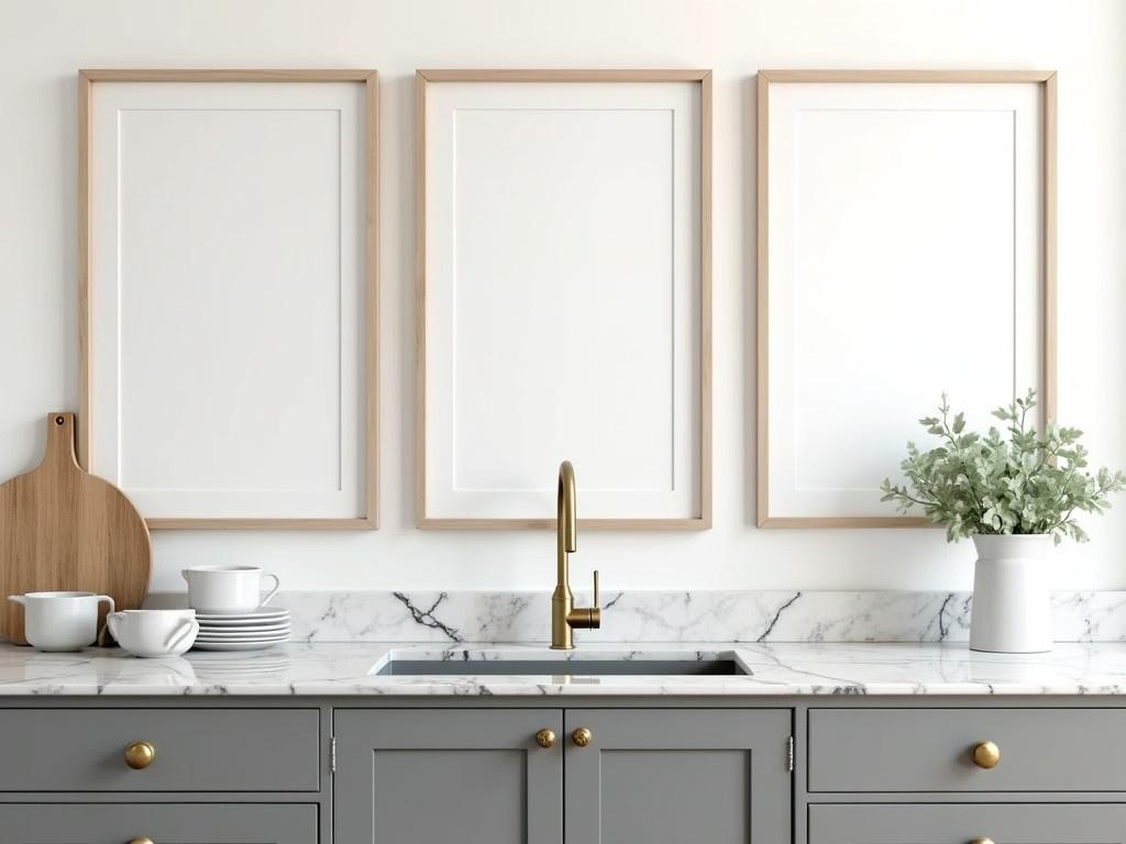 The image features a modern kitchen setting with a sleek design. There are three empty poster frames mounted on the wall, ready to be filled with artwork or photographs. The countertop is made of elegant marble, adorned with stylish dishware and a decorative vase with green leaves. A gold faucet shines above the sink area, adding a touch of luxury. Below, grey cabinets with round gold knobs create a sophisticated look, offering plenty of storage space. The overall ambiance is bright and inviting, perfect for a contemporary home. The kitchen combines functionality with aesthetic appeal.