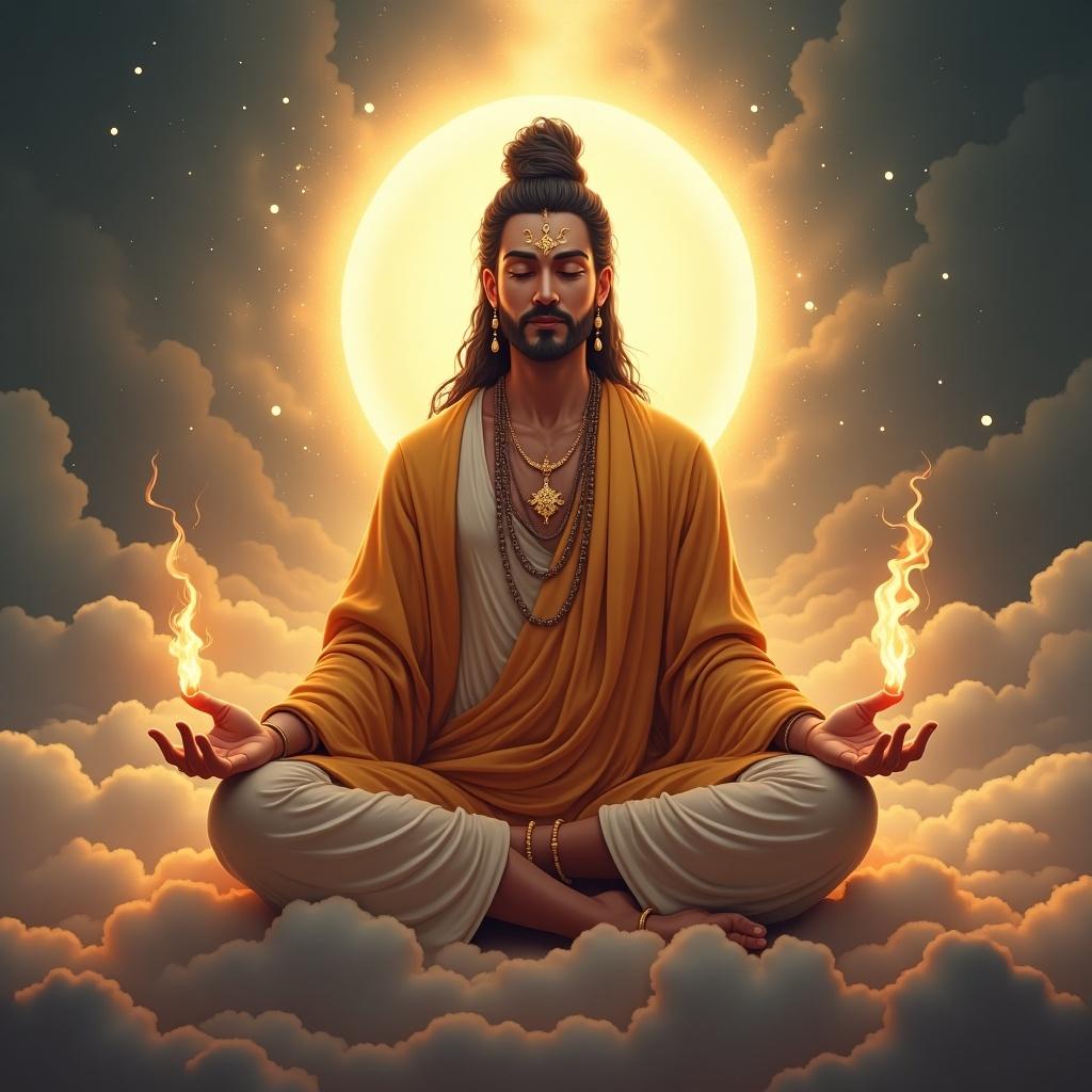 Imagery of a digitally drawn meditative figure resembling a deity. Traditional attire worn by the figure. Serene and divine presence expressed. Glowing aura surrounding the figure to enhance mysticism. Cloud and fire-like elements depicted to add depth.