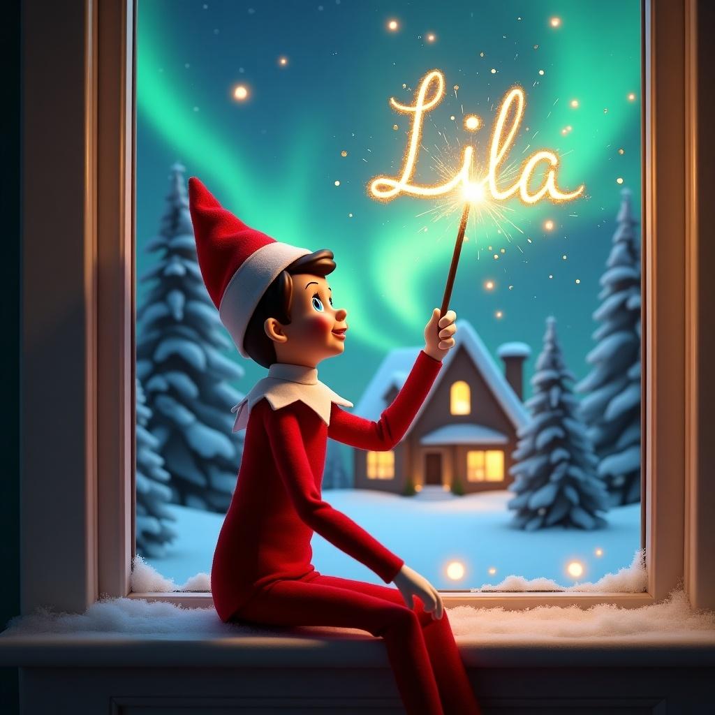 Elf on the shelf sits on a windowsill. Elf holds a glowing wand creating sparks. Colorful northern lights decorate the sky. Cozy house appears in the background. Snow covers the ground and pine trees. Sparkling letters above the elf. Elf wears a red outfit with white trim.