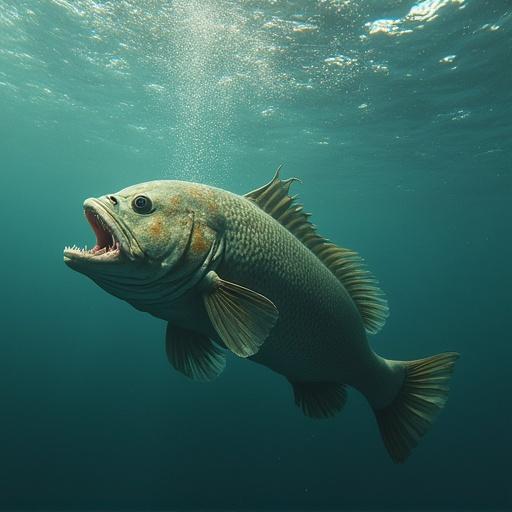 Big fish swimming underwater. The fish has a robust body and prominent fins.