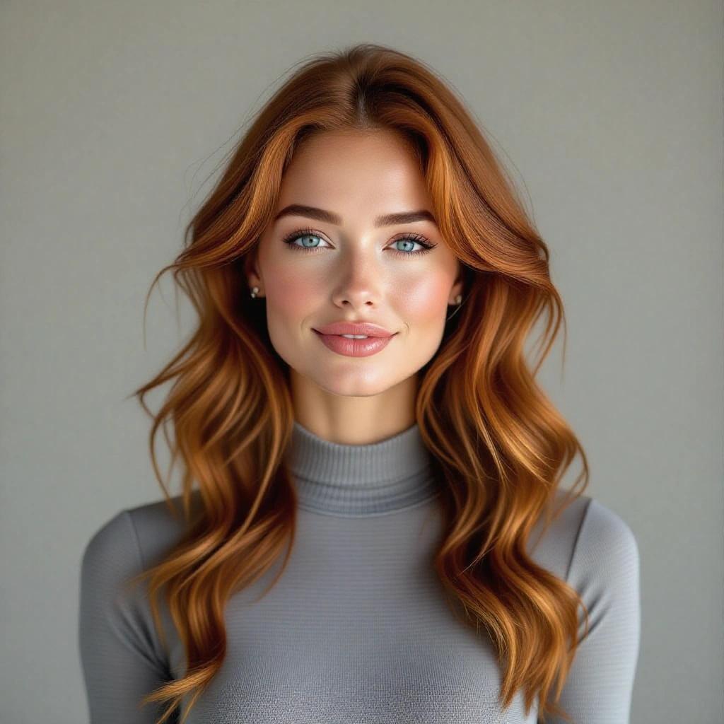Photorealistic portrait of a woman with long tousled wavy copper-toned hair and blue eyes. She has full lips and natural skin texture with visible pores. Her head is slightly tilted with subtle smile lines and light crow's feet. Wearing a grey form-fitting bodysuit against a grey backdrop. Sharp focus and even studio lighting.
