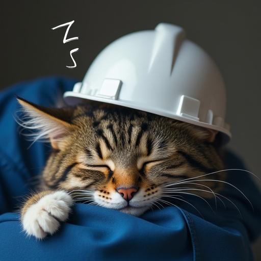 Cat sleeping curled up with ZZZ above its head. Cat wears a white hard hat and blue work jacket.