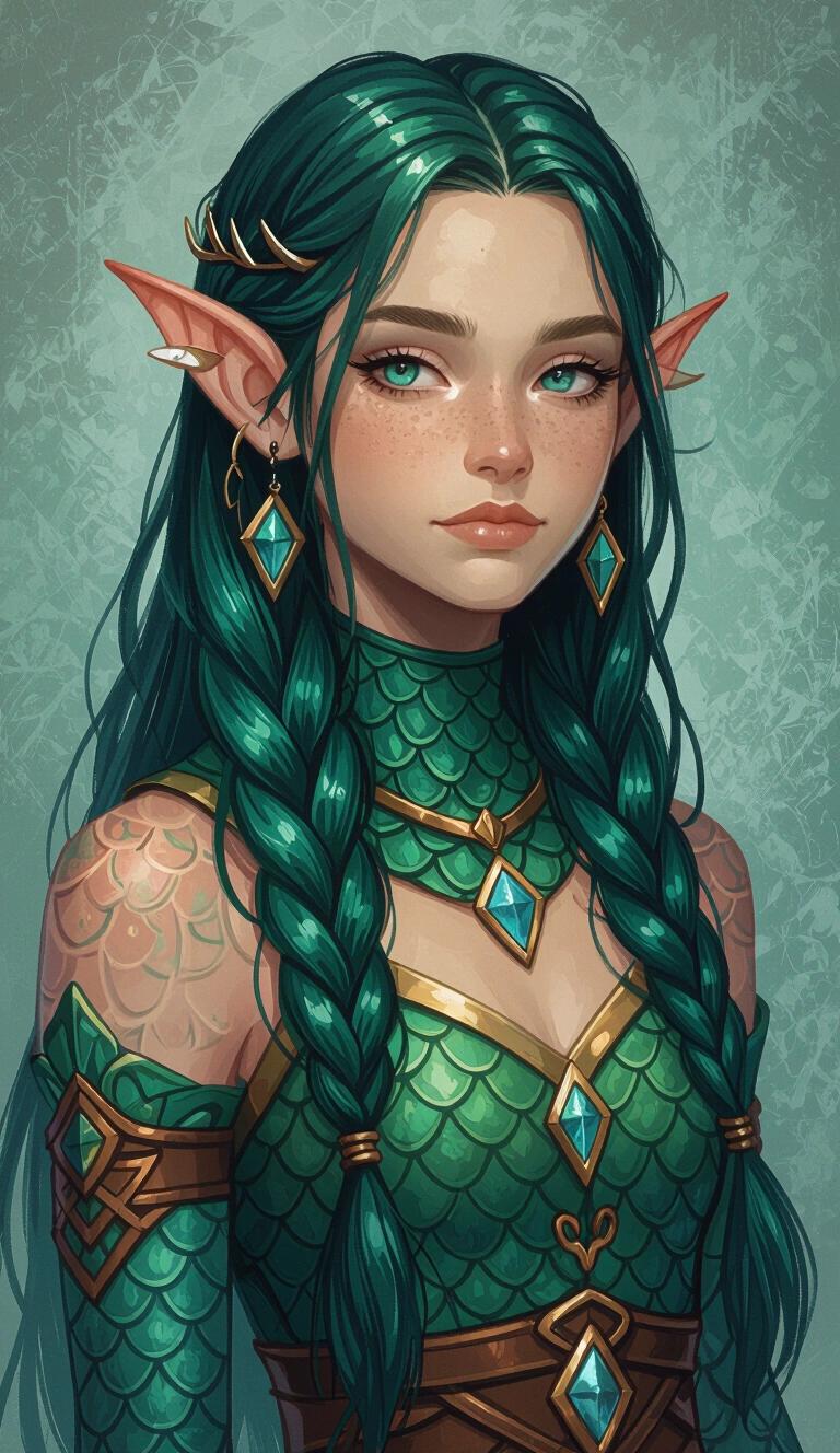 Acrylic painting of a young druidic fish-girl. Character has sharp finned ears and teal scaled skin. Her hair is long and slicked back in vibrant green. She wears fantasy clothing styled after Theros, with intricate designs and celestial motifs. The character's attire features teal and emerald gems.