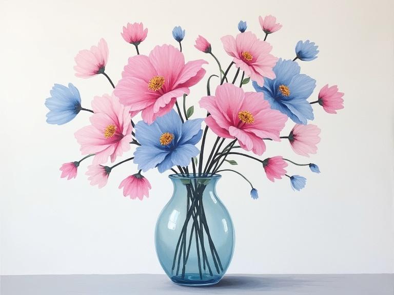 Canvas painting presents a bouquet of pink and blue flowers arranged in a tall glass vase against a white background.