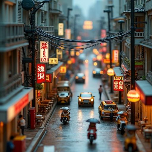 A miniature Asian city diorama with extreme macro detail. The scene shows a dense urban environment inspired by cities like Tokyo and Seoul. There are narrow alleys and neon signs in Japanese, Chinese, and Korean. Buildings include high-rise apartments and convenience stores like 7-Eleven. Tiny pedestrians with umbrellas populate the sidewalks. Realistic 1:64 scale vehicles are shown. The lighting mimics dusk with colorful reflections on wet pavement.
