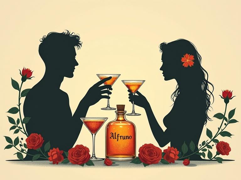 Minimalist screen printing artwork of silhouettes depicting a man and woman toasting with cocktail glasses. A glowing apothecary bottle labeled 'ALFRUNO' is nearby. Roses and herbs surround the bottle. Set against a beige background. Fantasy and nostalgia in minimalist style with bold strokes.