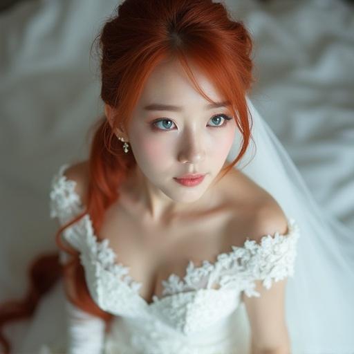 Korean woman in a wedding dress with red hair styled in a long ponytail. Blue eyes complement a high-quality, soft-focus image. Accessories include white stockings and white gloves.