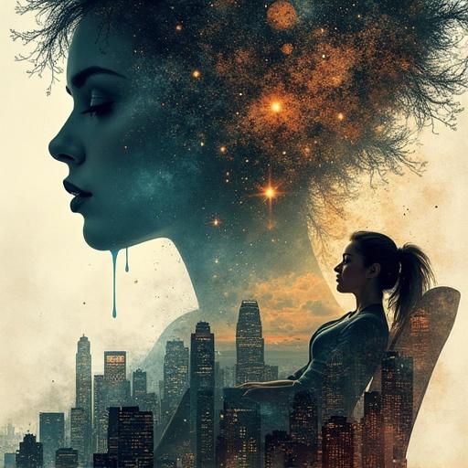 A surreal double exposure art showing a woman sleeping in a chair. The outline merges with a cosmic landscape filled with stars, trees, and a city skyline. Highly detailed and intricate composition.