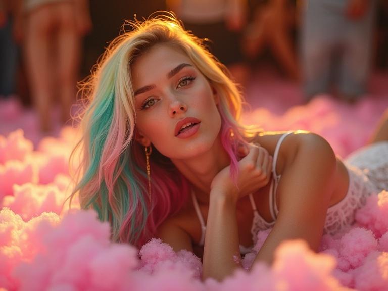 A young fashion model with multicolored rainbow hair and fair skin gazes at the camera with a smile during golden hour. She lies on pink cotton candy, wearing a white lace bra with loose waves in her hair. Her playful expression features an open mouth and protruding tongue. A blurred background shows merrymaking individuals, creating a whimsical atmosphere.