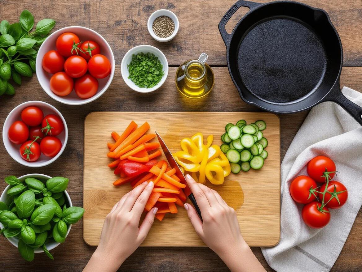 Hands chopping colorful vegetables including carrots and peppers on a wooden cutting board. Surrounding ingredients include fresh tomatoes, herbs in bowls, and an olive oil bottle. Cast iron pan placed behind. Natural overhead light casts soft shadows.