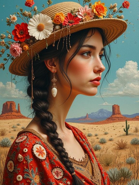 A mixed media artwork combines desert landscape and a woman portrait. Textile art includes dried flowers and vibrant threads. Features earthy oil tones with fauvist style.