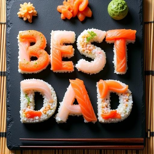 Overhead image of the words BEST DAD made with sushi rolls on a slate platter. Includes wasabi, pickled ginger, soy sauce bowls. Bamboo mat and chopsticks are present. Bright lighting with sharp details.
