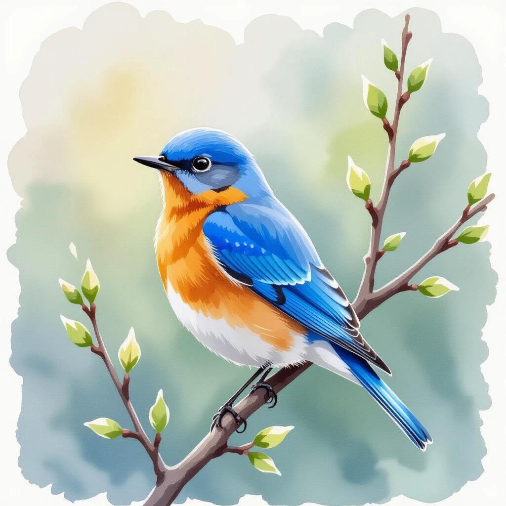 A beautiful illustration of a bluebird created using watercolor techniques. Features bright blue and orange hues with a gentle background of budding leaves and soft colors. Perfect for nature lovers and art enthusiasts.