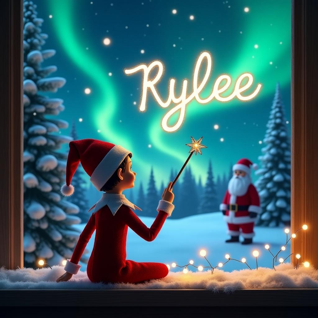 An elf character writes the name Rylee in the air using a wand. The background shows snow-covered trees and northern lights. Santa Claus is in the distance. The scene captures the essence of Christmas magic and joy.