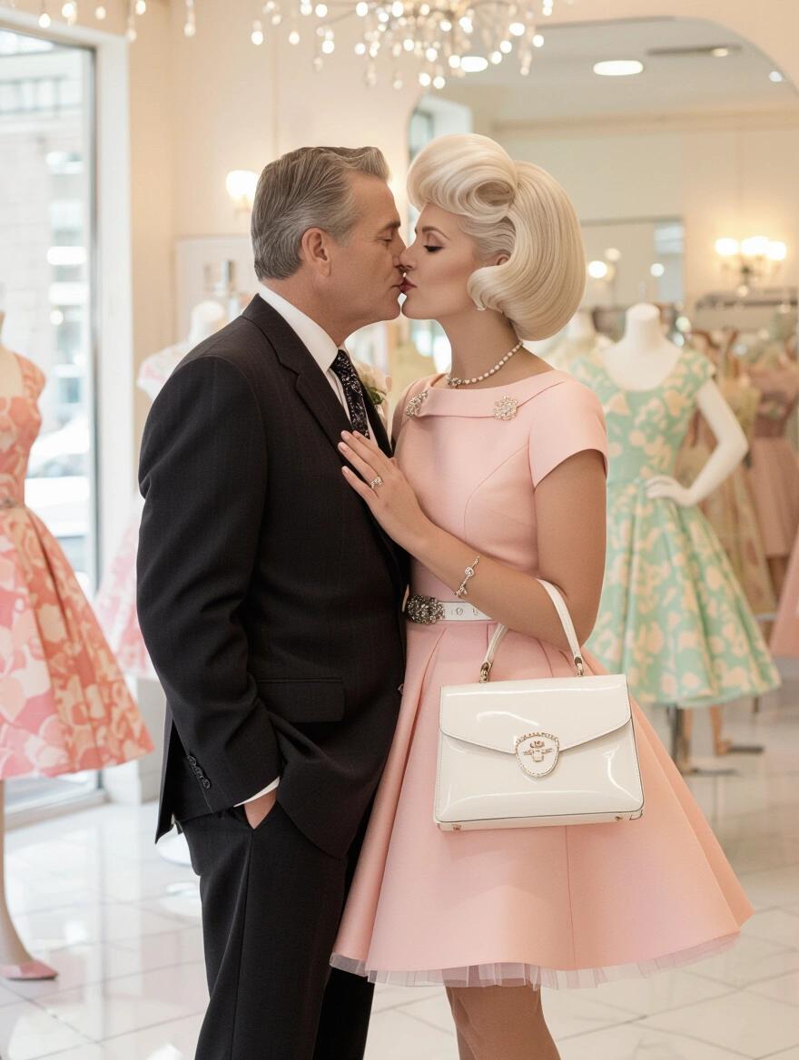 A portrait of a couple sharing a kiss in a dress boutique. The woman has platinum blonde hair styled in a beehive and wears a pastel pink dress with petticoats. She holds a shiny white leather purse. The man beside her is older and dressed in a suit. The boutique setting has elegant decor and displays vintage dresses.